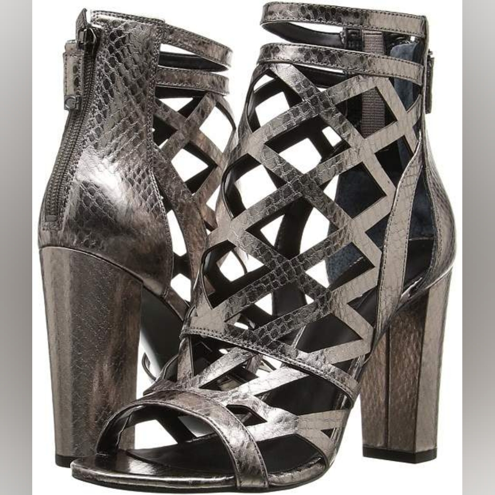 Guess Metallic Gunmetal Lattice Cutout Block Heel Sandals